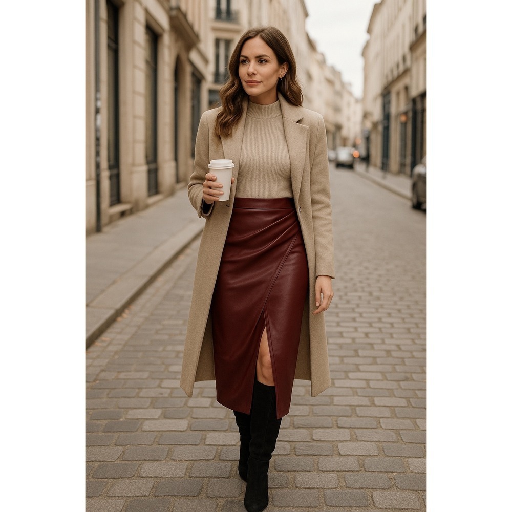 Commense‎ Pleated Split PU Leather Skirt midi Burgundy size M - Picture 2 of 5